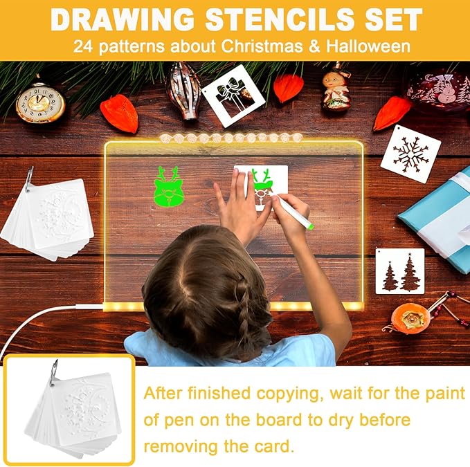 LED Acrylic Message Board, Light Up Acrylic Dry Erase Board 11.8x7.9”, LED Note Board with Colors for Kids, Glow Memo Message Writing Board with Light, Drawing Stencils Set & Unique Border