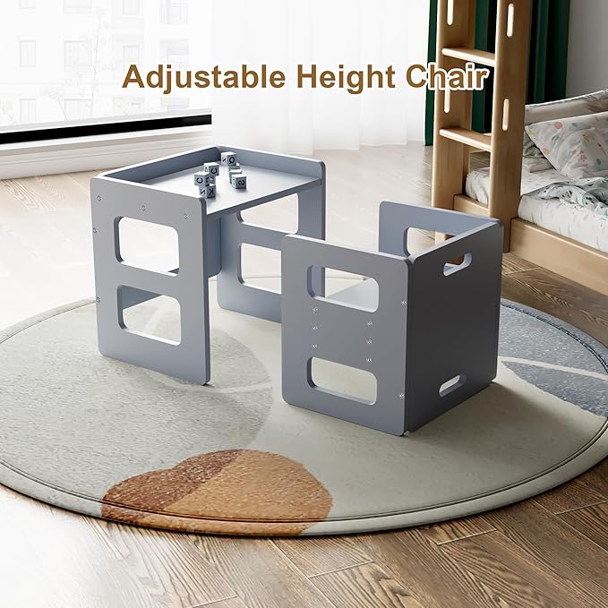 Montessori Weaning Table and Chair Set for Toddler and Baby, Kids Table and Chair Set- Solid Wood Toddler Furniture with Adjustable Height, Step Stool, for 1-3 Year Old Kids - Grey