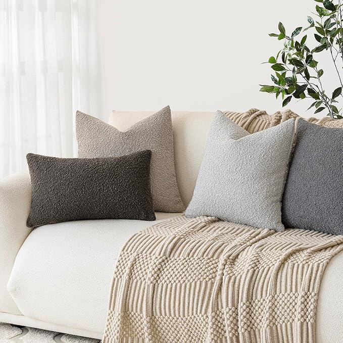 Foindtower Pack of 2 Textured Boucle Throw Pillow Covers Accent Solid Decorative Lumbar Pillow Cases Cozy Couch Cushion Case for Sofa Living Room Home Decor, 12 x 20 Inch,Dark Brown