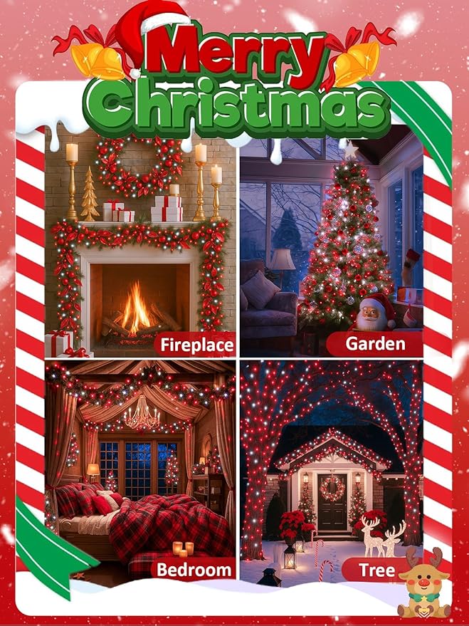 Voice Controlled Smart Christmas String Lights, 75.8ft 200 LED Extendable Fairy Lights with 7 Voice Commands, 12 Modes & Timer, Waterproof Christmas Decorations for Party Tree Garden (Red and White)