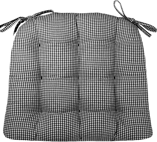 Barnett Home Decor Madrid Black Dining Chair Pad with Ties - 19 x 19 Size Large Chair Cushion - Latex Foam Fill - Machine Washable, Reversible, 100% Cotton, Made in USA (Black White Gingham)