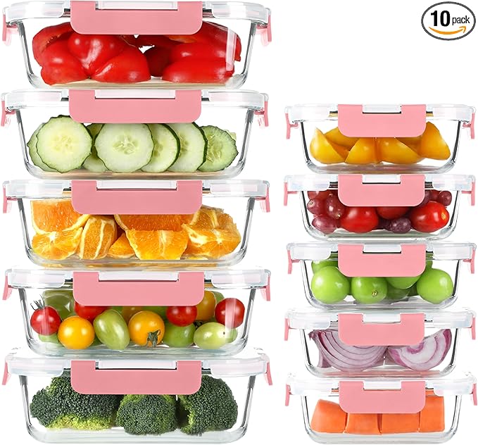 BAYZZ 10 Pack Glass Meal Prep Containers, Glass Food Storage Containers with Lids, Airtight Lunch Box, Freezer,Oven,Microwave and Dishwasher Safe,Pink