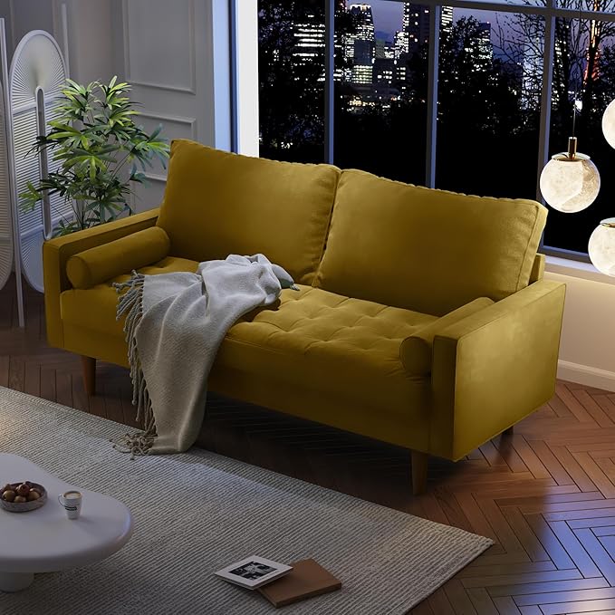 Modern Sofa,70 Inch Velvet Couch for Living Room,Spring Cushions,Easy Assembly Modern Couches with Throw Pillow for Small Spaces (Goldenrod)