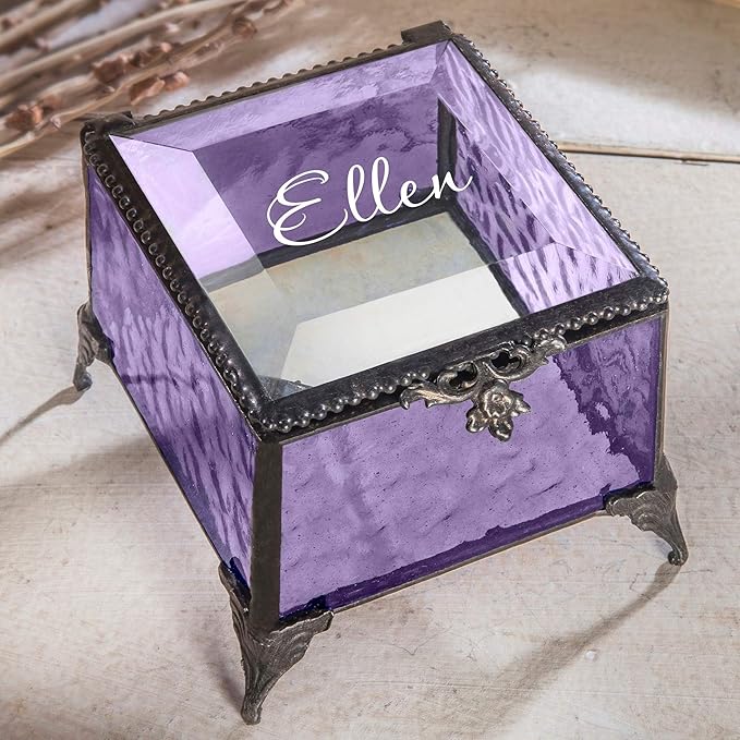 Personalized Purple Glass Box Decorative Vanity Display Case Storage Jewelry Organizer Keepsake Gift for Her Girl Women Purple Vintage Decor J Devlin Ellen Box 836 EB245
