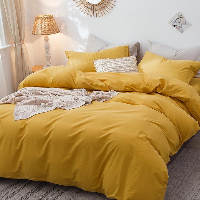 MooMee Bedding Duvet Cover Set 100% Washed Cotton Linen Like Textured Breathable Durable Soft Comfy (Solid Yellow, Full 80"x90")