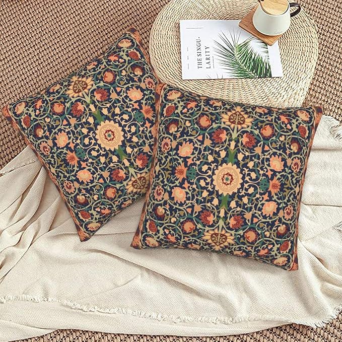 Boho Vintage Floral Throw Pillow Covers Set of 2 Burnt Orange Navy Flowers Plant Bohemian Pillowcases Cushion Case Square for Soft Home Decor Bed Couch Car Living Room 18x18 Inch