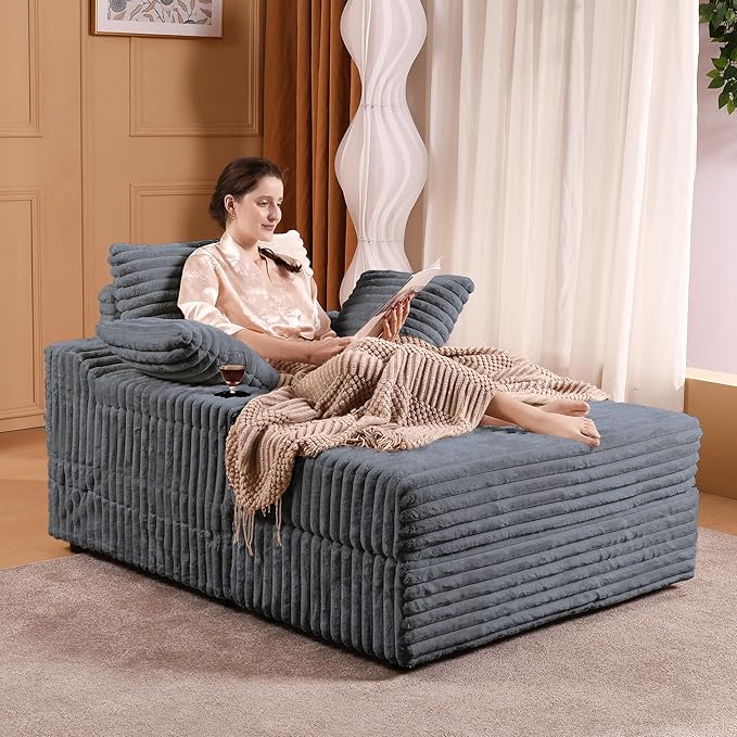 Garvee Grey Oversized Chaise Lounge Chair Indoor with Storage Ottoman, Upholstered Corduroy Sofa Bed Cloud Couch with 3 Pillows, Single Sleeper Sofa Chair for Living Room, Bedroom