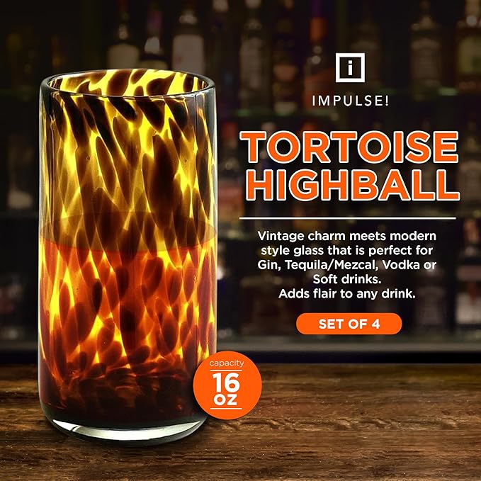 IMPULSE! Tortoise Leopard Print Brown 16 oz. Highball Rocks Glasses, Set of 4 - Stylish Stemless Cocktail Cups Glass - Ideal Glassware Tumbler for Gin, Tequila, Vodka, Soft Drinks
