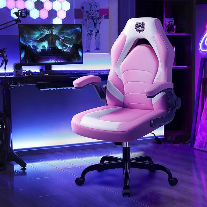 Gaming Chair, Leather High-Back Home Office Desk Chair with Flip-Up Arms, Ergonomic Padded Rolling Wheels Swivel Tilt Gamer Computer Chair with Comfy Lumbar Support, Height Adjustable, Pink