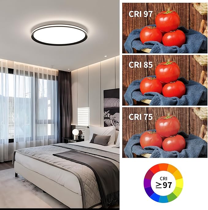 Dimmable Metal LED Ceiling Lights Fixtures,Slim, Edge Lit - 20" Full Spectrum Smart Round Ceiling Lamps,3000-6500K Modern Ultra Thin Low Profile Light Fixture for Bedroom & Living Room (Black,45W)