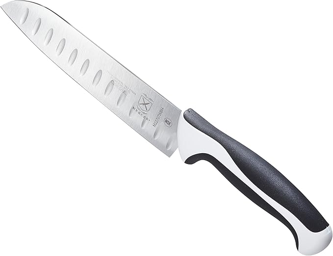 Mercer Culinary Millennia Color Handle Cutlery 7" Santoku Knife (Granton Edge) White