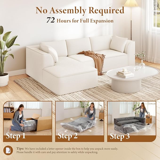 Vesgantti 106" Boneless Couch with Chaise, Deep Seat Cloud Sofa Sectional, Chenille Memory Foam Modular Couches for Living Room, No Assembly Required (Creamy Beige, Left-Facing Chaise)