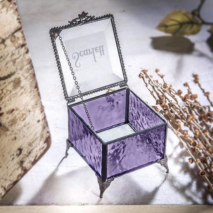 Personalized Engraved Jewelry Box Decorative Vanity Display Stained Glass Keepsake -J Devlin Box EB217-1 (Purple)