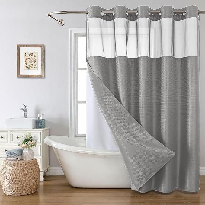 Extra Long No Hook Shower Curtain with Snap-in Fabric Liner Set,Grey Waffle Weave Shower Curtains for Bathroom,Hotel Luxury Decor Bathroom Curtain Set,Waterproof & Washable,71Wx86H