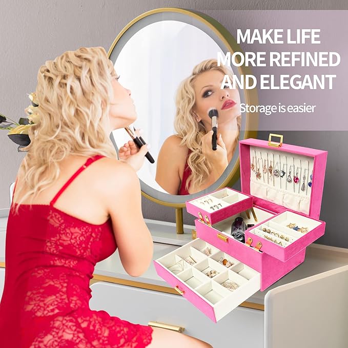 Dajasan Jewelry Storage Box, Large Jewelry Organizer Box, 3-Layer Velvet Jewelry Boxes for Women, Girls, Friends, Wife or Mother (Red)