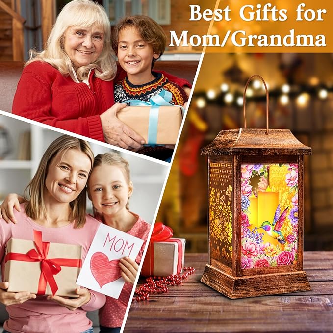 Hummingbird Solar Lanterns Outdoor Waterproof, Metal & Glass Hanging Lights Garden Decor, Birthday Gifts for Women Mom Grandma Mothers Day, Decorative Lights for Outside Yard Patio Backyard Porch