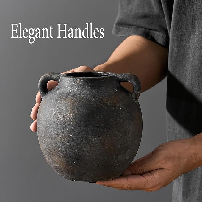 Ceramic Rustic Vase for Home Decor, 5.8 Inch Terracotta with Handles, Vintage Decorative for Flowers, Plants, Living Room, Table, Thanksgiving - Black Bronze