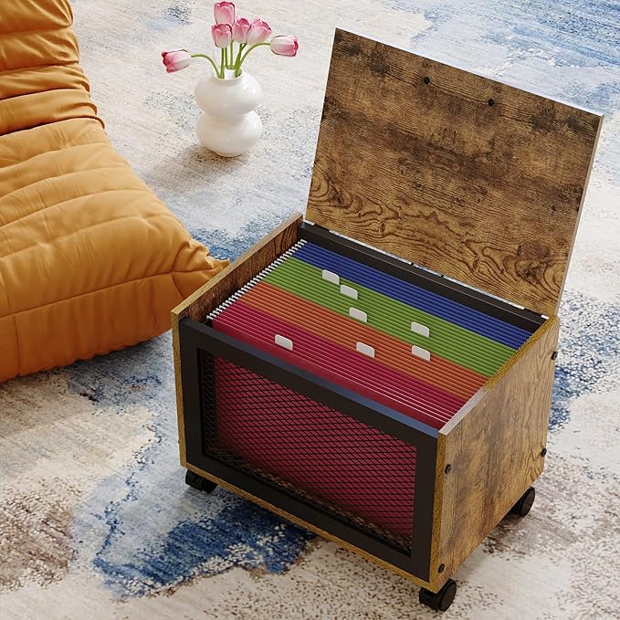 Rolling File Cabinet with Lid, Hanging File Organizer Box with Wheels for Home Office, Under Desk Small Filing Cabinet, Single Drawer Mobile Document Storage Basket for Letter and Legal Size