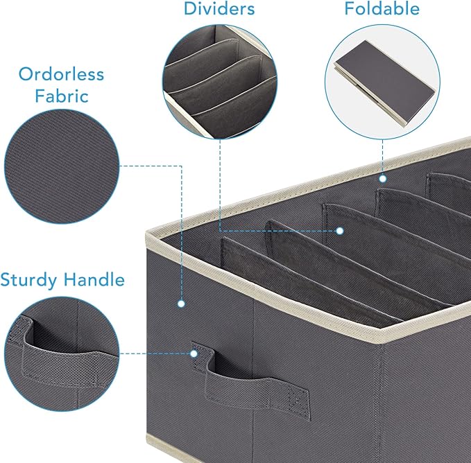 3 Pcs Large Size Wardrobe Clothes Organizers 6 Grids for Pants, Jeans, Sweater, T-shirt, Dress Stackable Closet Drawer Organizer Storage Bin Container with Sturdy Handles, Dark Grey