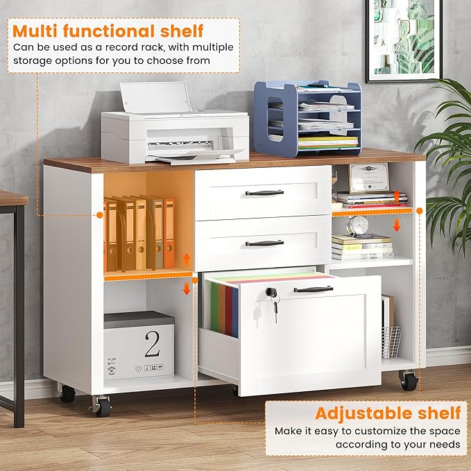 Semoic 3 Drawer Wood Lateral File Cabinet with Lock, Rolling Mobile Filing Cabinet with Open Storage Shelves, Printer Stand Office Storage Cabinet for Home Office Fits Files Legal/A4 Size, White