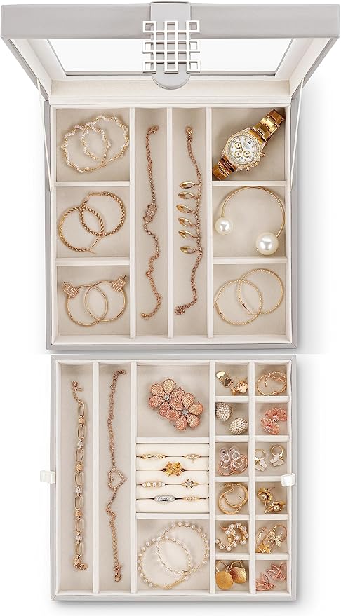 Co 28 Section Jewelry Box - 2 Layer - Buckle Snap & Magnet Closure - Large Glass Top - Leather Design - Grey - Jewelry Organizer for Women & Girls - for Earring Ring Necklace & Bracelet