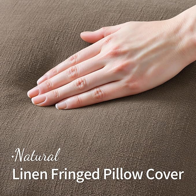 MIULEE Decorative Throw Pillow Covers Neutral Linen Fringe Throw Pillows Euro Shams Set of 2 Cocoa Brown Boho Farmhouse Cushion Covers for Couch Sofa Bed Living Room Spring Home Decor 26x26 Inch