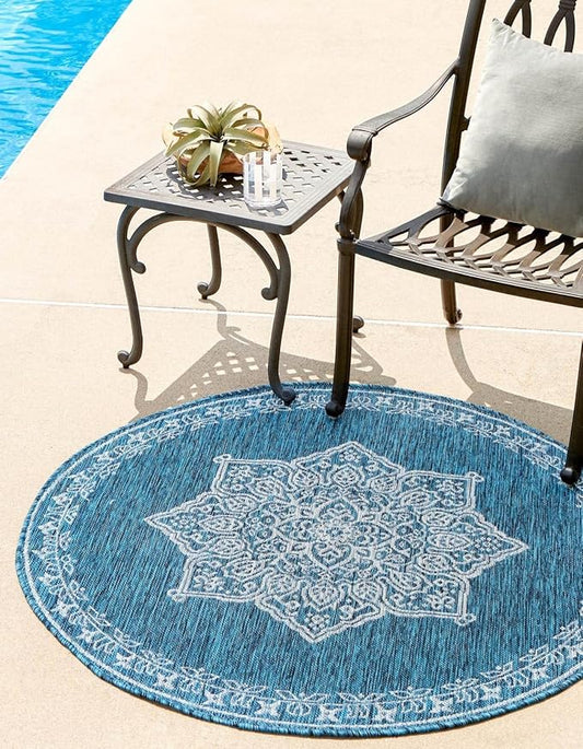 Unique Loom Outdoor Traditional Collection Area Rug - Antique (7' 10" Round Teal/Ivory)