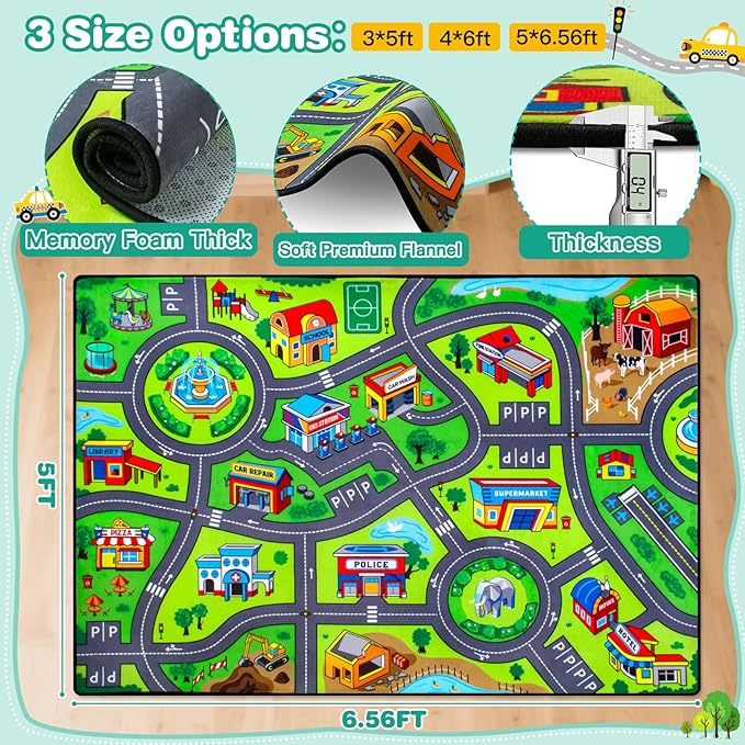 Road Car Rug, 5x7 Ft City Road Rug for Kids, Extra Thick (0.4in) Kids Floor Play Mat and Car Carpet with Realistic Colors - Perfect for Children, Soft and Non-Slip for Playroom and Bedroom