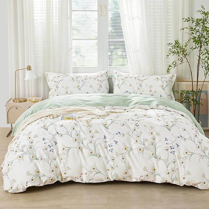 SAPHREAS White Floral Duvet Cover Set King Size 3pcs Botanical Magnolia Flower Bedding Comforter Cover Set 100% Cotton 1 Duvet Cover 104"x90" 2 Pillow Shams, Comforter Not Included