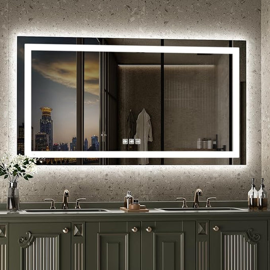 LED Mirror for Bathroom, 55x30 Inch Backlit + Front Lighted Bathroom Vanity Mirror with Lights, Double Light Strips, 3 Colors, Shatter-Proof, Anti-Fog and Brightness Memory