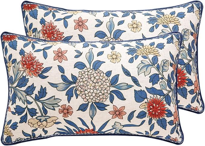 patdrea Designer Throw Pillow Covers Set of 2,Euro Elegant Linen with Colorful Blooming Floral Pattern Pillow Cover,Decorative Lumbar Pillowcases Cushion for Bed Living Room Outdoor Car,12"x20"