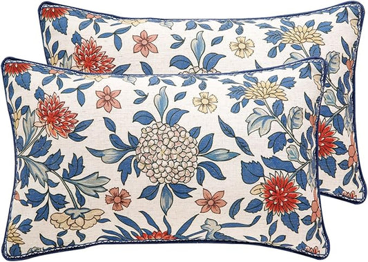 patdrea Designer Throw Pillow Covers Set of 2,Euro Elegant Linen with Colorful Blooming Floral Pattern Pillow Cover,Decorative Lumbar Pillowcases Cushion for Bed Living Room Outdoor Car,12"x20"
