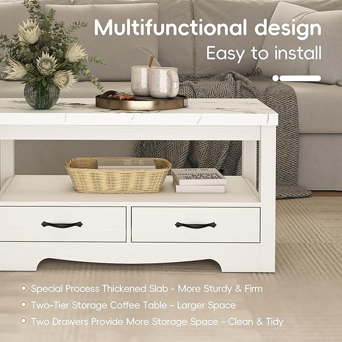 Coffee Table 40" Faux Marble 2-Tier Modern Wooden Rectangle Center Table with Drawers for Living Room, Conference Room, Thickened Top, Small Space Home Furniture (White Oak with Storage)