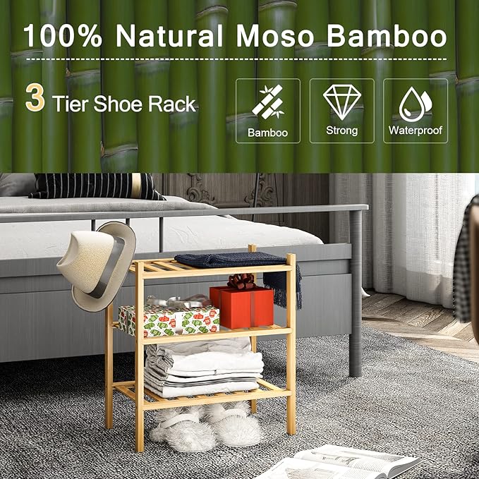 3-Tier Small Shoe Rack for Entryway, Stackable | Heavy Duty | Multi-Function, Bamboo Free Standing Shoe Racks for Bedroom Hallway Closet
