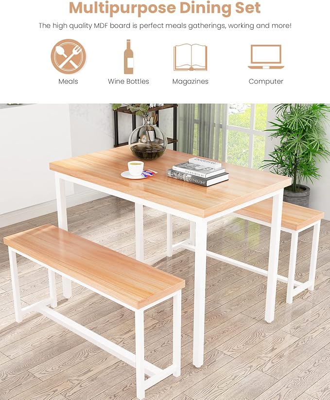 Recaceik Dining Table Set with Bench, 3 Pieces Dining Furniture Set Kitchen Table Set Sturdy Structure Space-Saving Dinette for Kitchen, Dining Room Breakfast Nook, Living Room, Beige