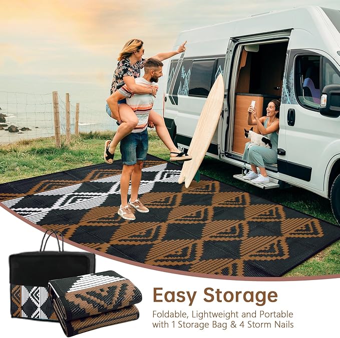 Beeiva Outdoor Rugs 8x10 Waterproof, Modern Geometric Reversible Patio Rug 8x10, Large Foldable Outdoor Plastic Straw Rug for Camping, Porch, Backyard, Balcony, Picnic - Black & Brown