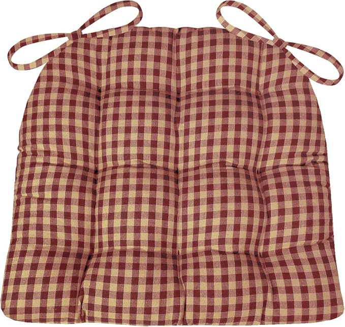 Barnett Home Decor Farmhouse Check Dark Red & Tan Dining Chair Pad with Ties - Latex Foam Fill - 100% Cotton, Made in USA - Machine Washable, Reversible (Red-Tan, Small)