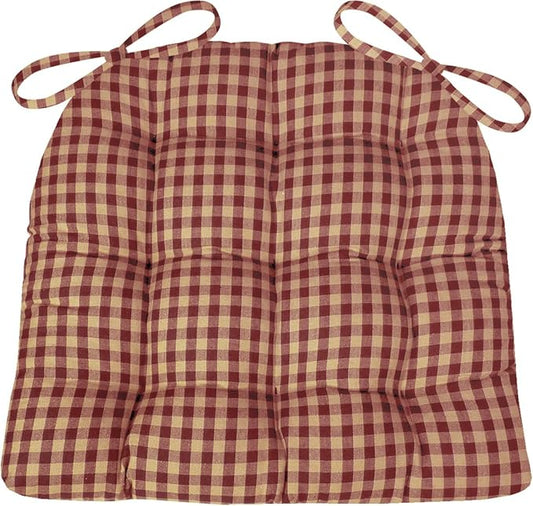 Barnett Home Decor Farmhouse Check Dark Red & Tan Dining Chair Pad with Ties - Latex Foam Fill - 100% Cotton, Made in USA - Machine Washable, Reversible (Red-Tan, Small)