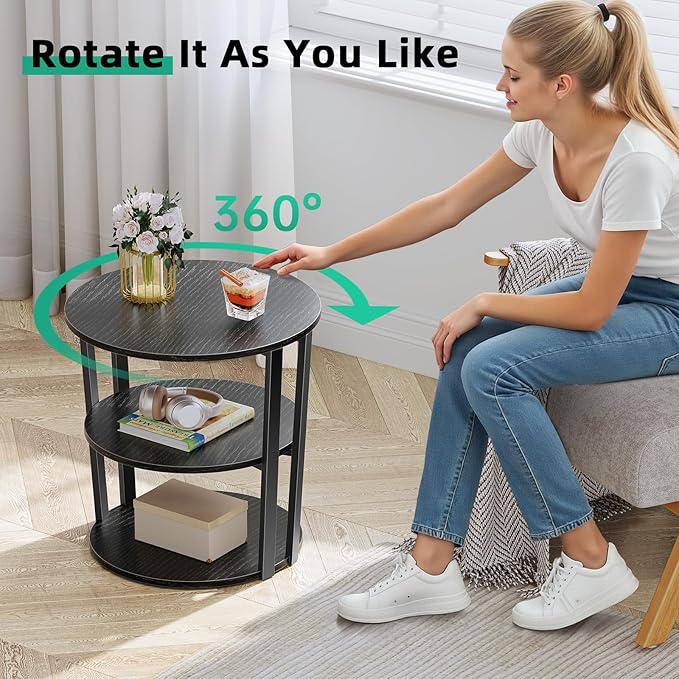 Rotating Round Side Table, 3-Tier End Table with Metal Frame, Nightstand for Small Spaces, Side Table Living Room Bedroom Sofa Bathroom, Pure Black
