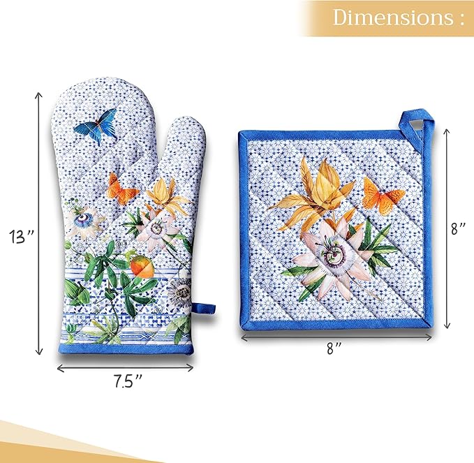 Maison d' Hermine 100% Cotton Oven Mitt & Pot Holder Set (7.5"x13" & 8"x8") Heat Resistant BBQ Cooking Gloves with Loop, Baking, Grilling, Kitchen, Handling Hot Pans Spring/Summer (Passiflora)