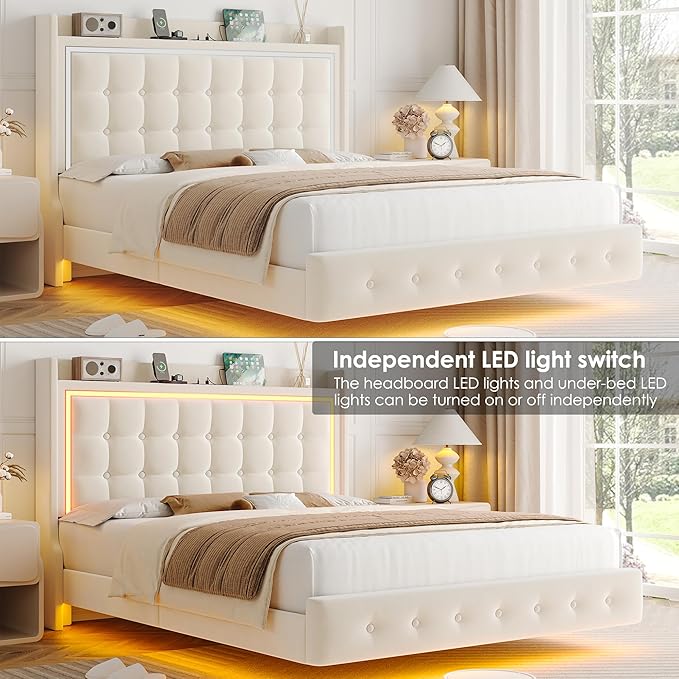 Keyluv Upholstered Queen Floating Bed Frame with RGB LED Lights and Charging Station, Velvet Platform Bed with Button Tufted Storage Headboard, Type-C & USB Charging Ports, No Box Spring Needed, Beige