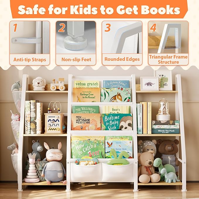 Kids Bookshelf and Toy Organizer: 3-Tier Book Shelf for Kids Room, Sling Book Shelf Toddler Montessori Bookcase with Toy Storage for Nursery, Bedroom, Playroom (Burlywood)