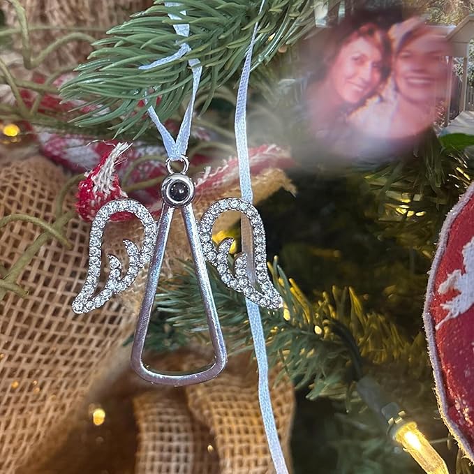 NAZENTI Personalized Christmas Ornament for Grandparents, Custom Angel Wings Photo Projection Ornament, Memorial Ornaments with Photo Inside for Tree Hanging Xmas, Family Remembrance Decor