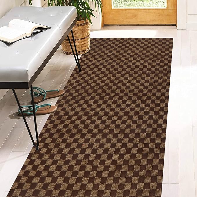 4' x 26' Runner Rugs with Rubber Backing, Indoor Outdoor Utility Carpet Runner Rugs, Checkered Brown, Can Be Used as Aisle for The RV and Boat, Laundry Room and Balcony