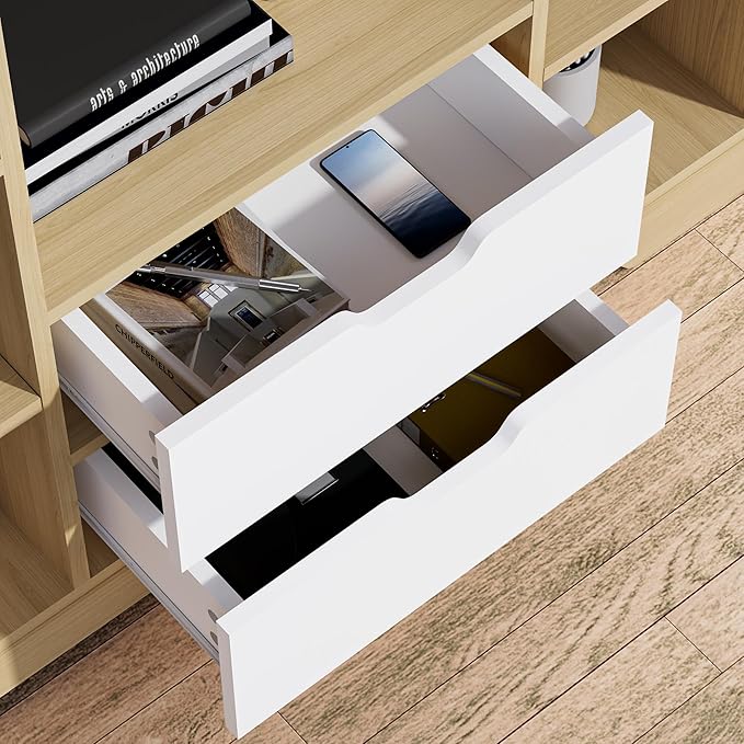 Cozy Castle Kids Bookshelf with Storage, Toy Storage Organizer with 2 Drawers and 10 Cubes 4-Tier Bookcase for Bedroom, Playroom, Hallway, Living Room(Oak & White)