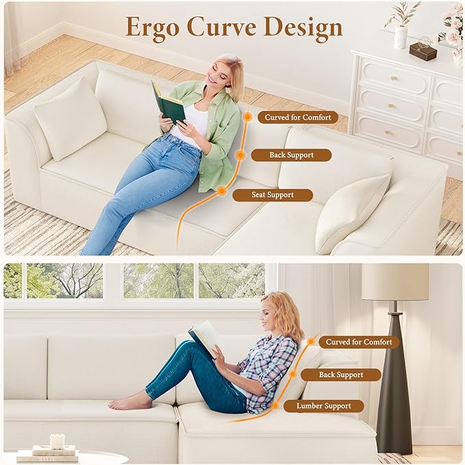 Vesgantti 106" Boneless Couch with Chaise, Deep Seat Cloud Sofa Sectional, Chenille Memory Foam Modular Couches for Living Room, No Assembly Required (Creamy Beige, Right-Facing Chaise)