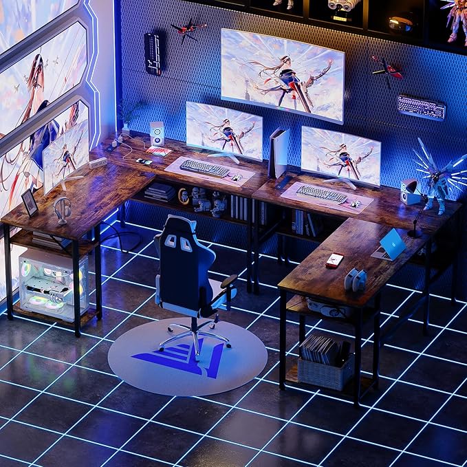 Unikito L Shaped Computer Desk with Magic Power Outlets and USB Charging Ports, Sturdy Reversible Corner Desk with Storage Shelves, Modern Work Desk for Home Office, Easy to Assemble, Rustic Brown