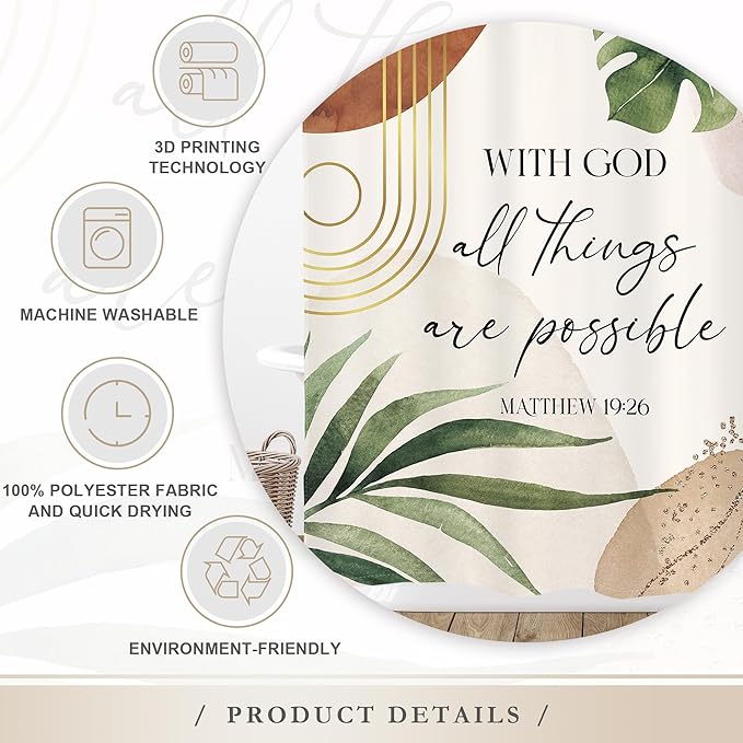 Glawry Boho Bible Verse Shower Curtain Extra Long Inspirational Abstract Scriptures Quotes Palm Leaf Bathroom Mid Century Christian 72Wx78L Inches Bath Accessories Art Home Decor Fabric 12 Pack Hook