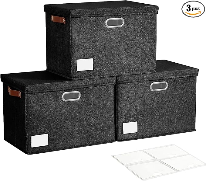 17" Large Collapsible Storage Bins with Lids, Stackable Closet Organizers with PU Handle and Labels, 3-Pack Decorative Fabric Storage Boxes for Home, Bedroom, Closet, Office, Nursery(Black)
