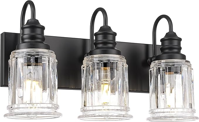 HWH INVESTMENT Bathroom Light Fixtures, 3-Light Matte Black Vanity Light, 18 Inch Wall Sconces with Bell-Shaped Clear Glass, Bathroom Wall Lights for Mirror Bedroom Hallway, 5HZG106B-3W BK